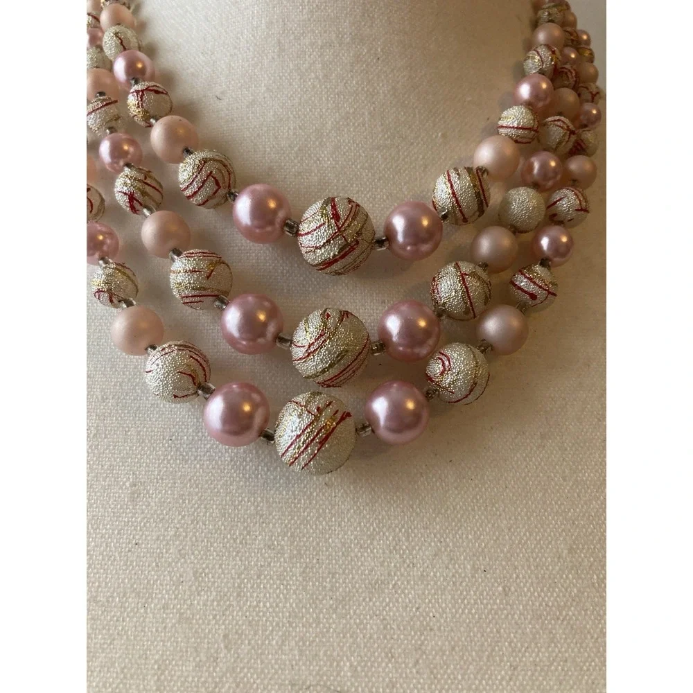 Vintage‎ Multi Strand Necklace Pink Faux Pearl Gold Tone Romantic Collar Choker